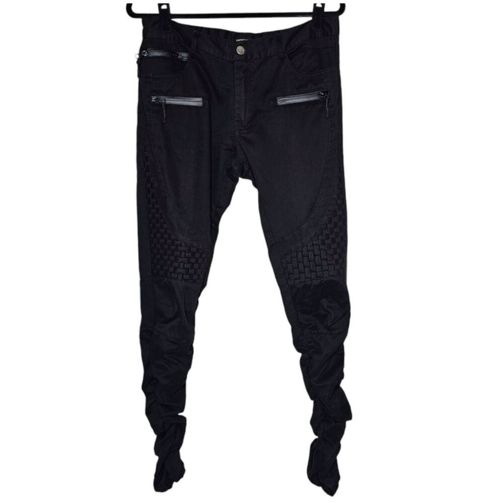 American Stitch Size Medium Black Pants Weave Moto Zipper Ruched Ankle Goth Punk